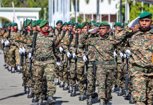 Membru Falintil-Forsa Defeza Timor-Leste (F-FDTL) hala&#039;o parada militar iha serimónia nasionál balun momentu liuba.