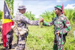 Membru Tentara Nasional Indonezia (TNI) ho Polisia Nasional Timor Leste (PNTL) husi Unidade Polisia Fronteira (UPF) kaer liman hela  durante patroilamentu 