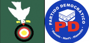 Emblema Partidu Kmanek Haburas Unidade Nasionál Timor Oan (KHUNTO) ho Partidu Demokratiku (PD).