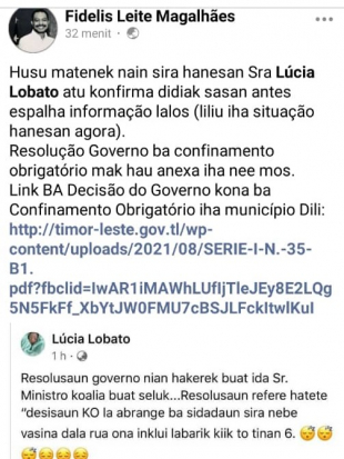 Diskusaun entre Ministru Fidelis Magalhaes ho Eis Minsutra Justisa Lucia Lobato iha facebook
